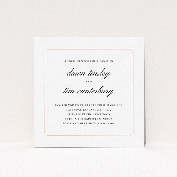 A personalised wedding invite design named "Square slant". It is a square (148mm x 148mm) invite in a square orientation. "Square slant" is available as a flat invite, with tones of white and pink.