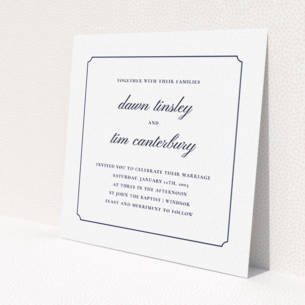 A personalised wedding invite design titled 'Square slant'. It is a square (148mm x 148mm) invite in a square orientation. 'Square slant' is available as a flat invite, with mainly white colouring.