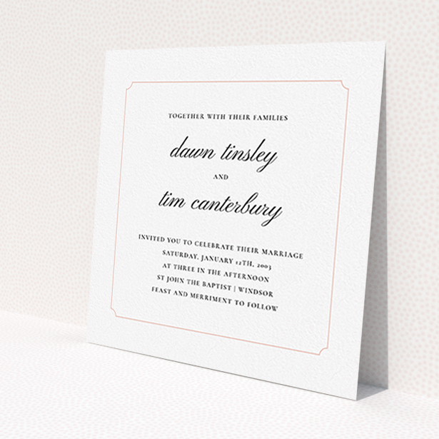 A personalised wedding invite design named 'Square slant'. It is a square (148mm x 148mm) invite in a square orientation. 'Square slant' is available as a flat invite, with tones of white and pink.
