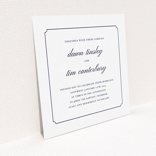 A personalised wedding invite design titled "Square slant". It is a square (148mm x 148mm) invite in a square orientation. "Square slant" is available as a flat invite, with mainly white colouring.