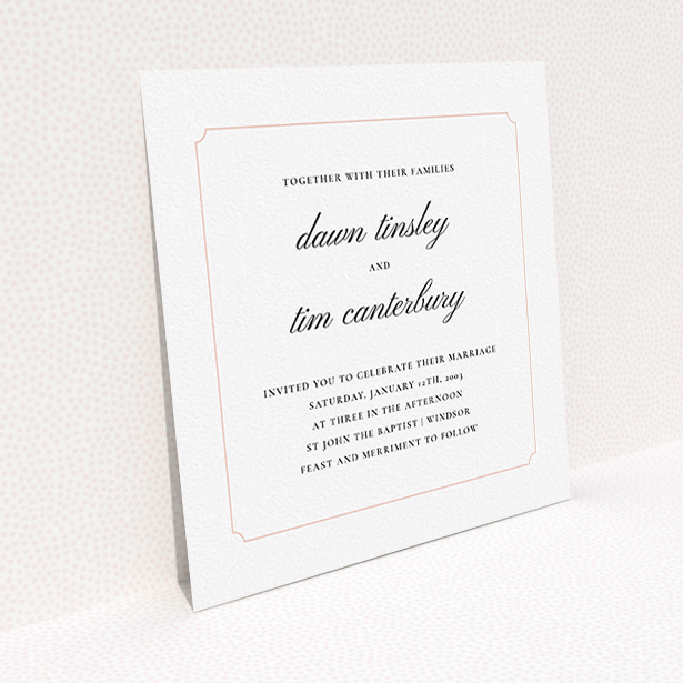 A personalised wedding invite design named "Square slant". It is a square (148mm x 148mm) invite in a square orientation. "Square slant" is available as a flat invite, with tones of white and pink.