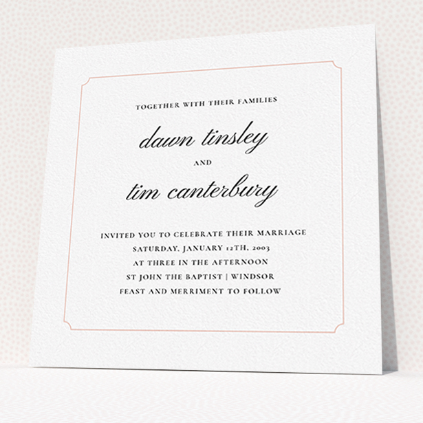 A personalised wedding invite design named "Square slant". It is a square (148mm x 148mm) invite in a square orientation. "Square slant" is available as a flat invite, with tones of white and pink.