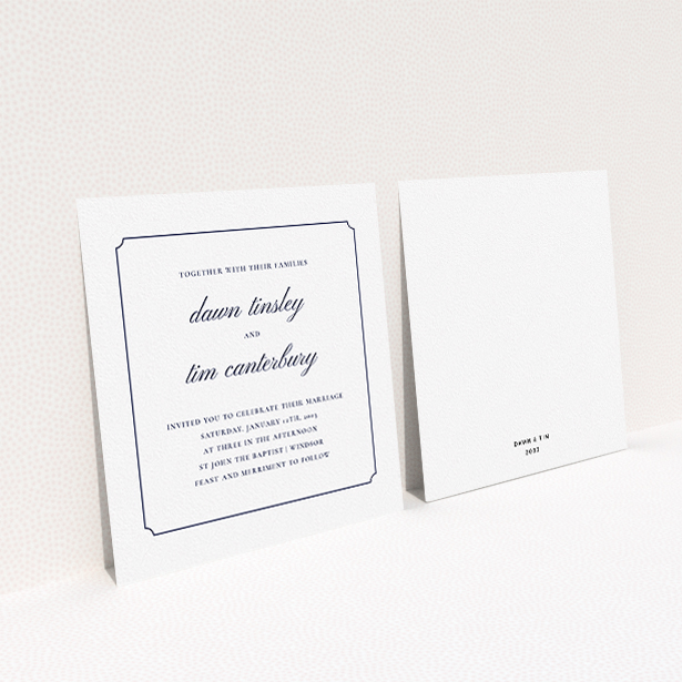 A personalised wedding invite design titled "Square slant". It is a square (148mm x 148mm) invite in a square orientation. "Square slant" is available as a flat invite, with mainly white colouring.
