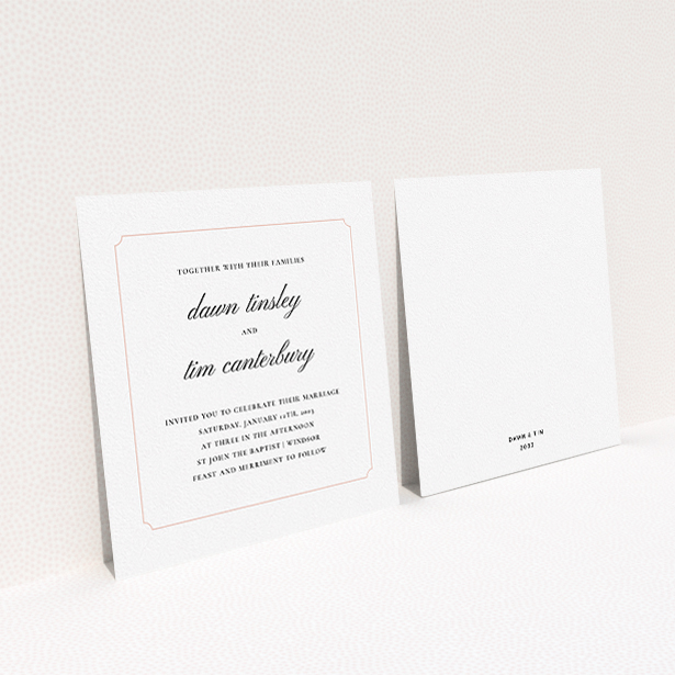 A personalised wedding invite design named "Square slant". It is a square (148mm x 148mm) invite in a square orientation. "Square slant" is available as a flat invite, with tones of white and pink.