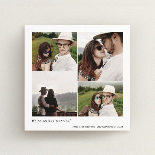 A personalised wedding invite design titled "Stacked Photos". It is a square (148mm x 148mm) invite in a square orientation. It is a photographic personalised wedding invite with room for 4 photos. "Stacked Photos" is available as a flat invite, with mainly white colouring.