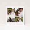 A personalised wedding invite design titled "Stacked Photos". It is a square (148mm x 148mm) invite in a square orientation. It is a photographic personalised wedding invite with room for 4 photos. "Stacked Photos" is available as a flat invite, with mainly white colouring.