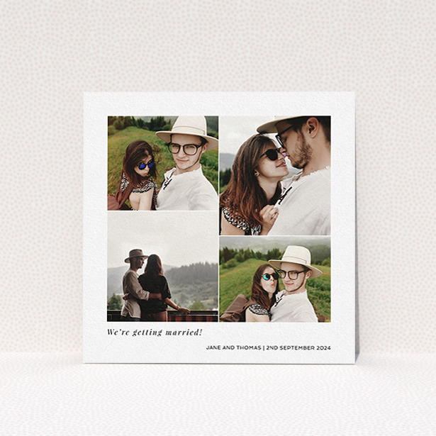 A personalised wedding invite design titled "Stacked Photos". It is a square (148mm x 148mm) invite in a square orientation. It is a photographic personalised wedding invite with room for 4 photos. "Stacked Photos" is available as a flat invite, with mainly white colouring.