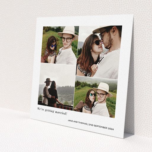 A personalised wedding invite design titled 'Stacked Photos'. It is a square (148mm x 148mm) invite in a square orientation. It is a photographic personalised wedding invite with room for 4 photos. 'Stacked Photos' is available as a flat invite, with mainly white colouring.