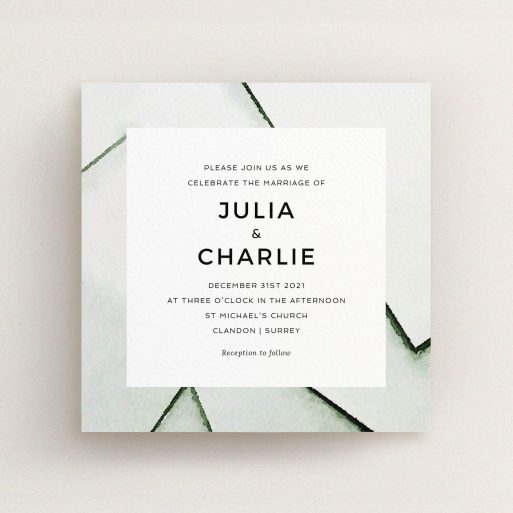 A personalised wedding invite design titled "Stacked". It is a square (148mm x 148mm) invite in a square orientation. "Stacked" is available as a flat invite, with tones of black and white.