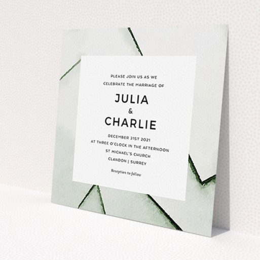 A personalised wedding invite design titled 'Stacked'. It is a square (148mm x 148mm) invite in a square orientation. 'Stacked' is available as a flat invite, with tones of black and white.