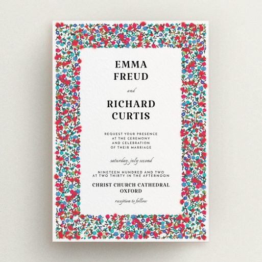 A personalised wedding invite called "Summer from a distance". It is an A5 invite in a portrait orientation. "Summer from a distance" is available as a flat invite, with tones of white and red.