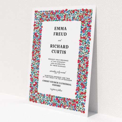 A personalised wedding invite called 'Summer from a distance'. It is an A5 invite in a portrait orientation. 'Summer from a distance' is available as a flat invite, with tones of white and red.