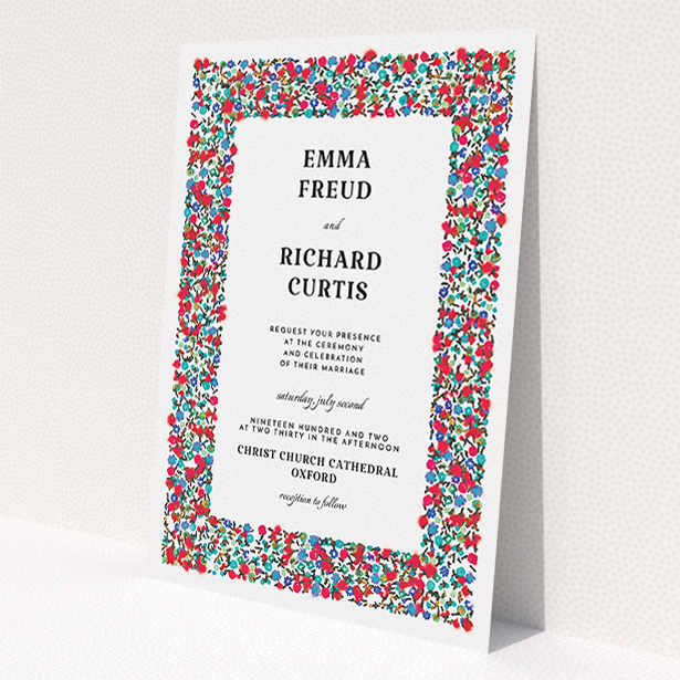A personalised wedding invite called "Summer from a distance". It is an A5 invite in a portrait orientation. "Summer from a distance" is available as a flat invite, with tones of white and red.