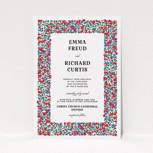 A personalised wedding invite design titled "Summer from a distance". It is an A6 invite in a portrait orientation. "Summer from a distance" is available as a flat invite, with tones of white and red.