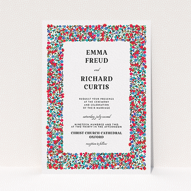 A personalised wedding invite design titled "Summer from a distance". It is an A6 invite in a portrait orientation. "Summer from a distance" is available as a flat invite, with tones of white and red.
