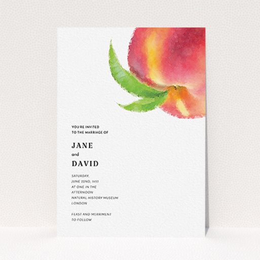 A personalised wedding invite template titled "Summer peach". It is an A6 invite in a portrait orientation. "Summer peach" is available as a flat invite, with tones of white, orange and green.