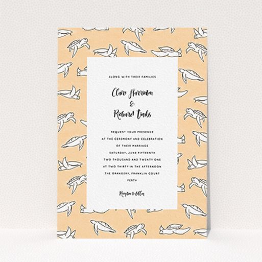 A personalised wedding invite named "Sunset Turtles". It is an A6 invite in a portrait orientation. "Sunset Turtles" is available as a flat invite, with tones of faded orange and white.