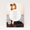 A personalised wedding invite design titled "Surrounded". It is an A5 invite in a portrait orientation. It is a photographic personalised wedding invite with room for 1 photo. "Surrounded" is available as a flat invite, with mainly white colouring.
