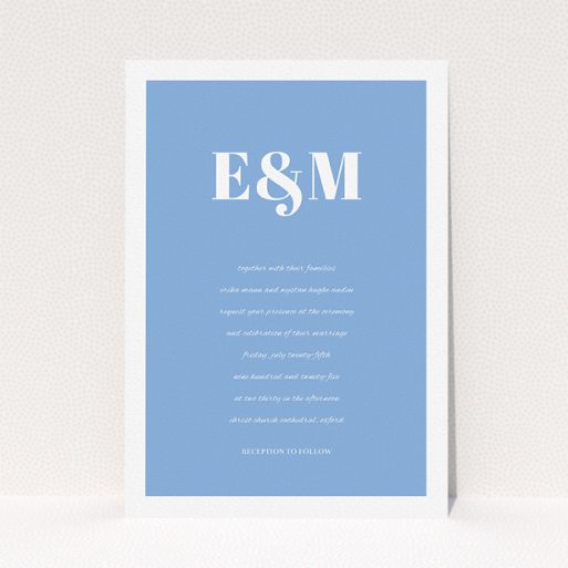 A personalised wedding invite named "Take on the sides". It is an A5 invite in a portrait orientation. "Take on the sides" is available as a flat invite, with tones of blue and white.