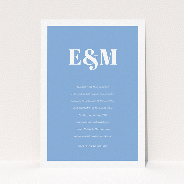 A personalised wedding invite named "Take on the sides". It is an A5 invite in a portrait orientation. "Take on the sides" is available as a flat invite, with tones of blue and white.