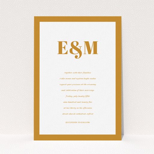 A personalised wedding invite design called "Take on the sides". It is an A5 invite in a portrait orientation. "Take on the sides" is available as a flat invite, with tones of orange and white.
