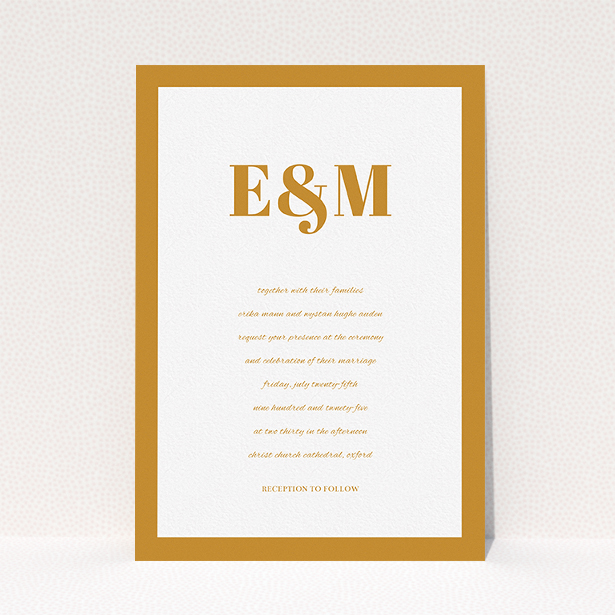 A personalised wedding invite design called "Take on the sides". It is an A5 invite in a portrait orientation. "Take on the sides" is available as a flat invite, with tones of orange and white.