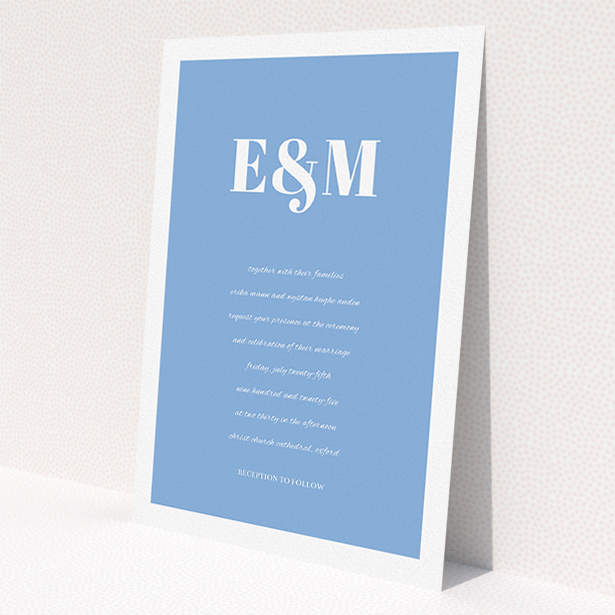 A personalised wedding invite named 'Take on the sides'. It is an A5 invite in a portrait orientation. 'Take on the sides' is available as a flat invite, with tones of blue and white.