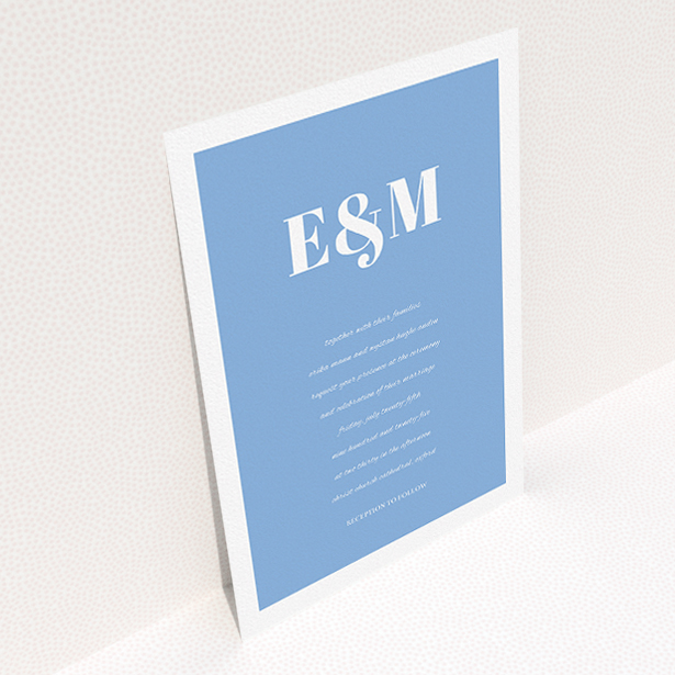A personalised wedding invite named "Take on the sides". It is an A5 invite in a portrait orientation. "Take on the sides" is available as a flat invite, with tones of blue and white.
