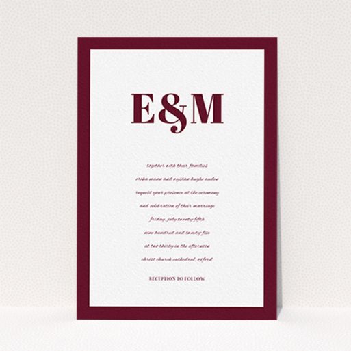 A personalised wedding invite called "Take on the sides". It is an A6 invite in a portrait orientation. "Take on the sides" is available as a flat invite, with tones of burgundy and white.