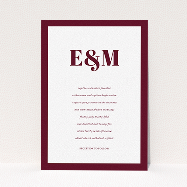 A personalised wedding invite called "Take on the sides". It is an A6 invite in a portrait orientation. "Take on the sides" is available as a flat invite, with tones of burgundy and white.
