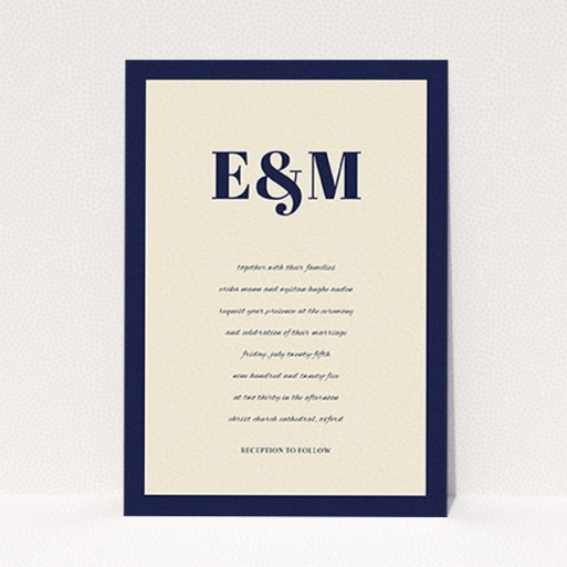A personalised wedding invite design called "Take on the sides". It is an A6 invite in a portrait orientation. "Take on the sides" is available as a flat invite, with tones of cream and navy blue.