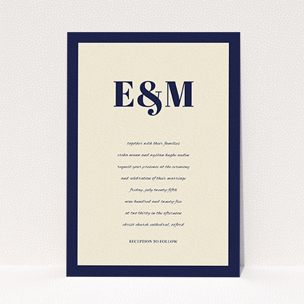 A personalised wedding invite design called "Take on the sides". It is an A6 invite in a portrait orientation. "Take on the sides" is available as a flat invite, with tones of cream and navy blue.