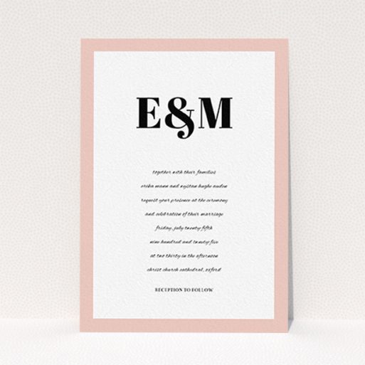 A personalised wedding invite design titled "Take on the sides". It is an A6 invite in a portrait orientation. "Take on the sides" is available as a flat invite, with tones of pink, white and black.