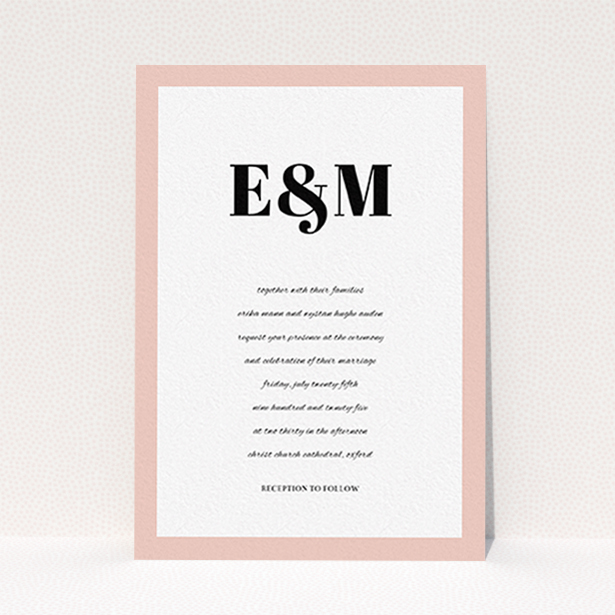 A personalised wedding invite design titled "Take on the sides". It is an A6 invite in a portrait orientation. "Take on the sides" is available as a flat invite, with tones of pink, white and black.