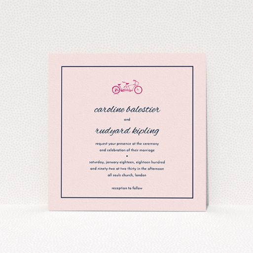 A personalised wedding invite design called "Tandem sheet". It is a square (148mm x 148mm) invite in a square orientation. "Tandem sheet" is available as a flat invite, with mainly pink colouring.