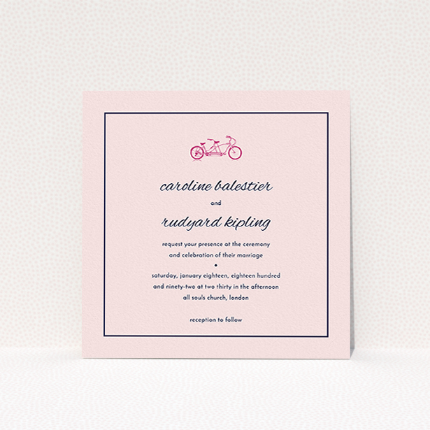 A personalised wedding invite design called "Tandem sheet". It is a square (148mm x 148mm) invite in a square orientation. "Tandem sheet" is available as a flat invite, with mainly pink colouring.