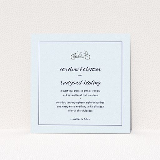 A personalised wedding invite called "Tandem sheet". It is a square (148mm x 148mm) invite in a square orientation. "Tandem sheet" is available as a flat invite, with mainly white colouring.