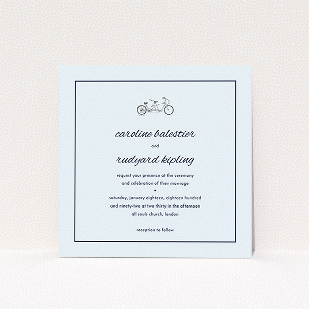 A personalised wedding invite called "Tandem sheet". It is a square (148mm x 148mm) invite in a square orientation. "Tandem sheet" is available as a flat invite, with mainly white colouring.