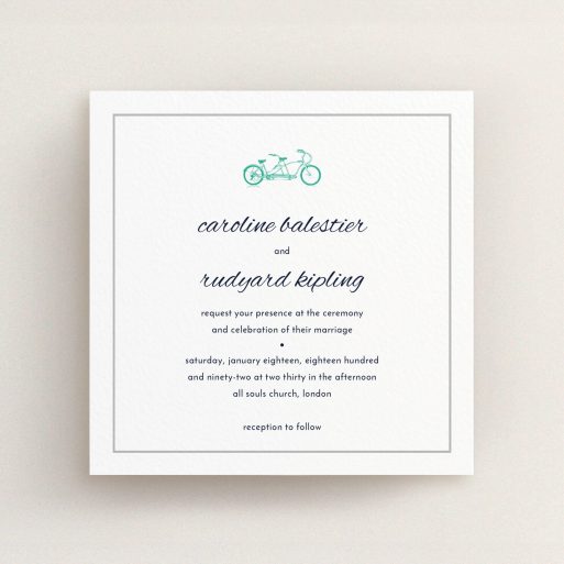 A personalised wedding invite named "Tandem sheet". It is a square (148mm x 148mm) invite in a square orientation. "Tandem sheet" is available as a flat invite, with tones of white and green.