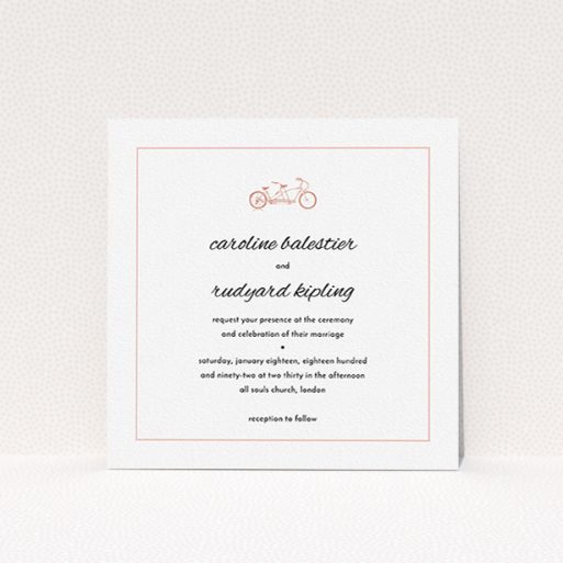 A personalised wedding invite design named "Tandem sheet". It is a square (148mm x 148mm) invite in a square orientation. "Tandem sheet" is available as a flat invite, with tones of white and pink.