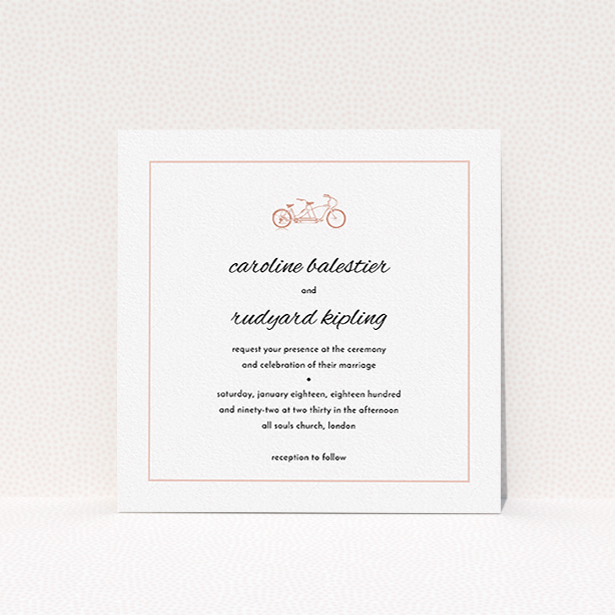 A personalised wedding invite design named "Tandem sheet". It is a square (148mm x 148mm) invite in a square orientation. "Tandem sheet" is available as a flat invite, with tones of white and pink.