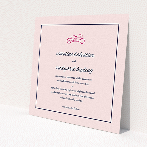 A personalised wedding invite design called 'Tandem sheet'. It is a square (148mm x 148mm) invite in a square orientation. 'Tandem sheet' is available as a flat invite, with mainly pink colouring.
