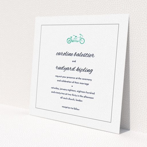 A personalised wedding invite named 'Tandem sheet'. It is a square (148mm x 148mm) invite in a square orientation. 'Tandem sheet' is available as a flat invite, with tones of white and green.