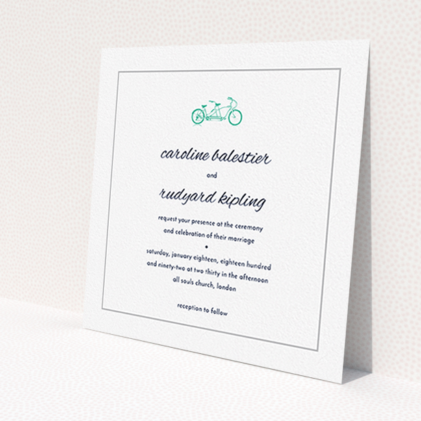 A personalised wedding invite named "Tandem sheet". It is a square (148mm x 148mm) invite in a square orientation. "Tandem sheet" is available as a flat invite, with tones of white and green.