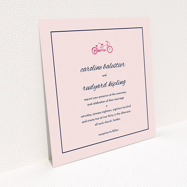 A personalised wedding invite design called "Tandem sheet". It is a square (148mm x 148mm) invite in a square orientation. "Tandem sheet" is available as a flat invite, with mainly pink colouring.