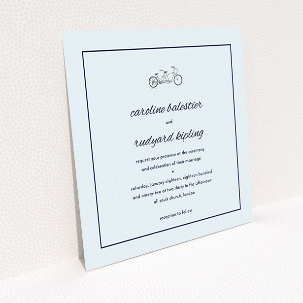 A personalised wedding invite called "Tandem sheet". It is a square (148mm x 148mm) invite in a square orientation. "Tandem sheet" is available as a flat invite, with mainly white colouring.