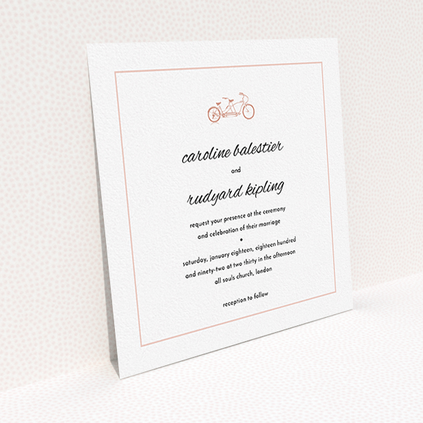 A personalised wedding invite design named "Tandem sheet". It is a square (148mm x 148mm) invite in a square orientation. "Tandem sheet" is available as a flat invite, with tones of white and pink.