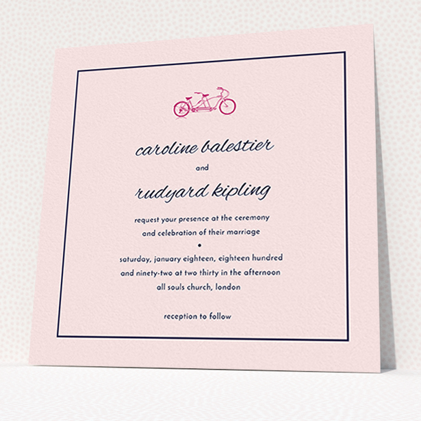 A personalised wedding invite design called "Tandem sheet". It is a square (148mm x 148mm) invite in a square orientation. "Tandem sheet" is available as a flat invite, with mainly pink colouring.