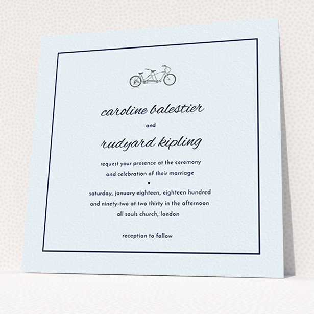 A personalised wedding invite called "Tandem sheet". It is a square (148mm x 148mm) invite in a square orientation. "Tandem sheet" is available as a flat invite, with mainly white colouring.