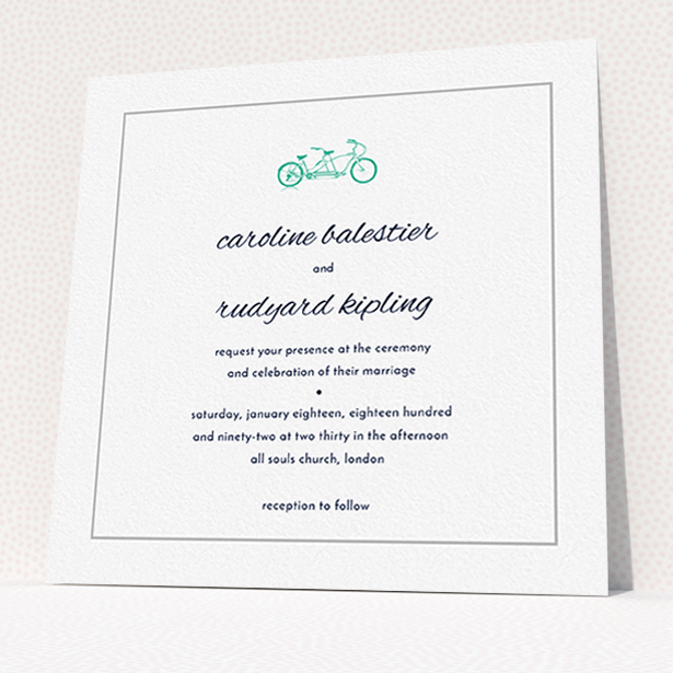 A personalised wedding invite named "Tandem sheet". It is a square (148mm x 148mm) invite in a square orientation. "Tandem sheet" is available as a flat invite, with tones of white and green.